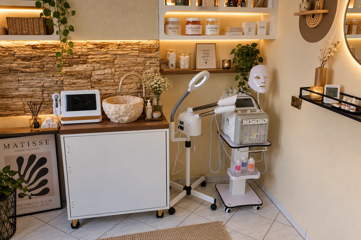 Skin-Bereich bei BB Beauty mit Hydrafacial-Gerät, LED-Maske und Lupenleuchte